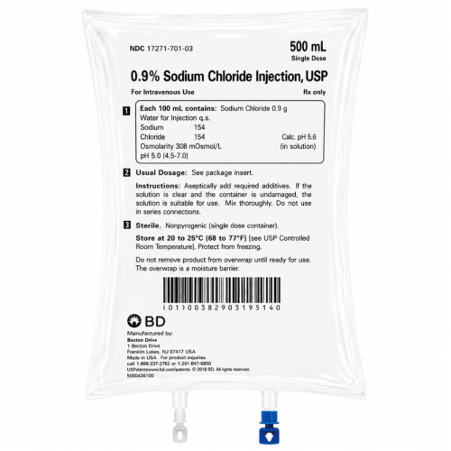 BD Sodium Chloride 0.9% NACL IV Bag 500ml, Case (1727170106) *R* BD Sodium Chloride 0.9% NACL IV Bag 500ml, Case (1727170106) *R*