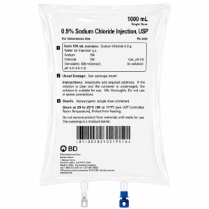 Sodium Chloride IV Bag | 0.9% NACL 1000ML |BD 1727170107 | 10 Bags per Case (RX) Sodium Chloride IV Bag | 0.9% NACL 1000ML |BD 1727170107 | 10 Bags per Case (RX)