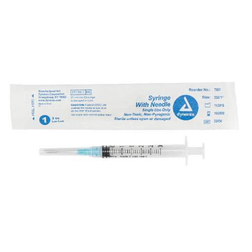 Dynarex Luer Lock 3CC Syringe with 23G x 1" Needle, Box (7001) Dynarex Luer Lock 3CC Syringe with 23G x 1" Needle, Box (7001)